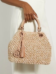 Dune London Cream Deltaz Wooden Handle Raffia Grab Bag - Image 1 of 6