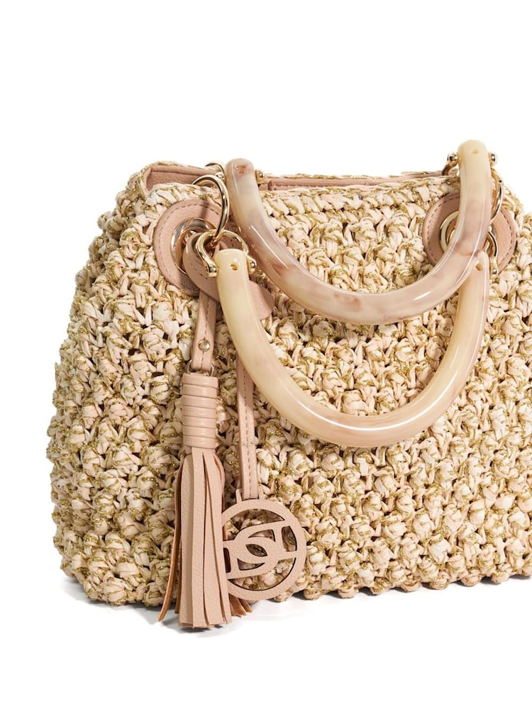 Dune London Cream Deltaz Wooden Handle Raffia Grab Bag - Image 6 of 6