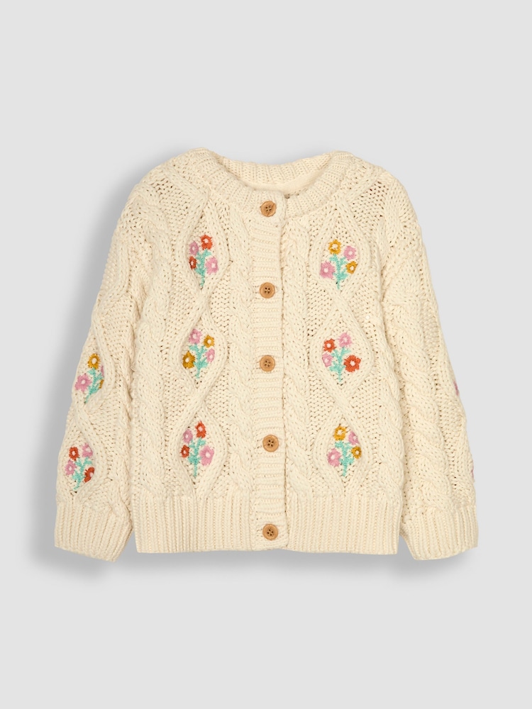 JoJo Maman Bébé Cream Embroidered Cosy Cable Cardigan - Image 1 of 3