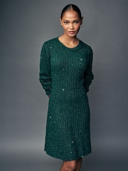 Blue Teal Sequin Sparkle Ribbed Fit And Flare Mini Knitted Jumper Dress With Wool - Image 1 of 6
