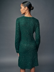 Blue Teal Sequin Sparkle Ribbed Fit And Flare Mini Knitted Jumper Dress With Wool - Image 2 of 6