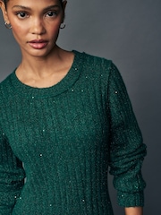 Blue Teal Sequin Sparkle Ribbed Fit And Flare Mini Knitted Jumper Dress With Wool - Image 3 of 6