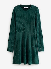 Blue Teal Sequin Sparkle Ribbed Fit And Flare Mini Knitted Jumper Dress With Wool - Image 4 of 6