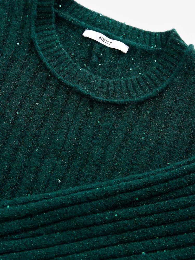 Blue Teal Sequin Sparkle - Ribbed Fit And Flare Mini Knitted Jumper Dress With Wool - Image 5 of 6