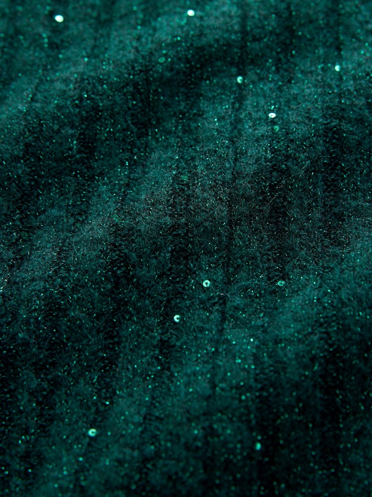 Blue Teal Sequin Sparkle Ribbed Fit And Flare Mini Knitted Jumper Dress With Wool - Image 6 of 6