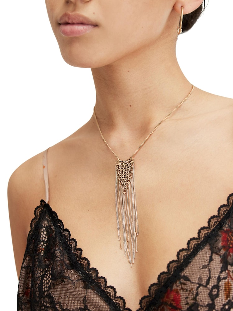 AllSaints Gold Tone Stone Chainmail Fringe Pendant Necklace - Image 1 of 4