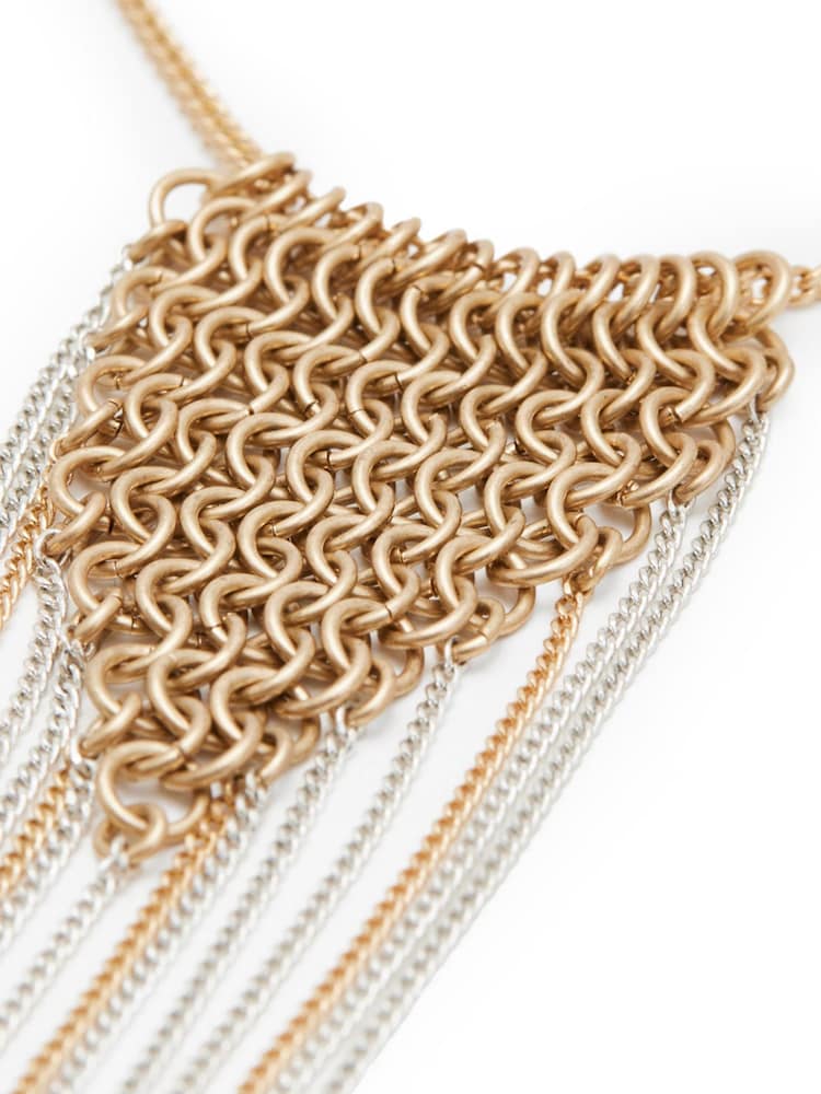 AllSaints Gold Tone Stone Chainmail Fringe Pendant Necklace - Image 4 of 4