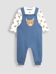 JoJo Maman Bébé Blue Highland Cow Appliqué Dungarees & Print Top Set - Image 1 of 6