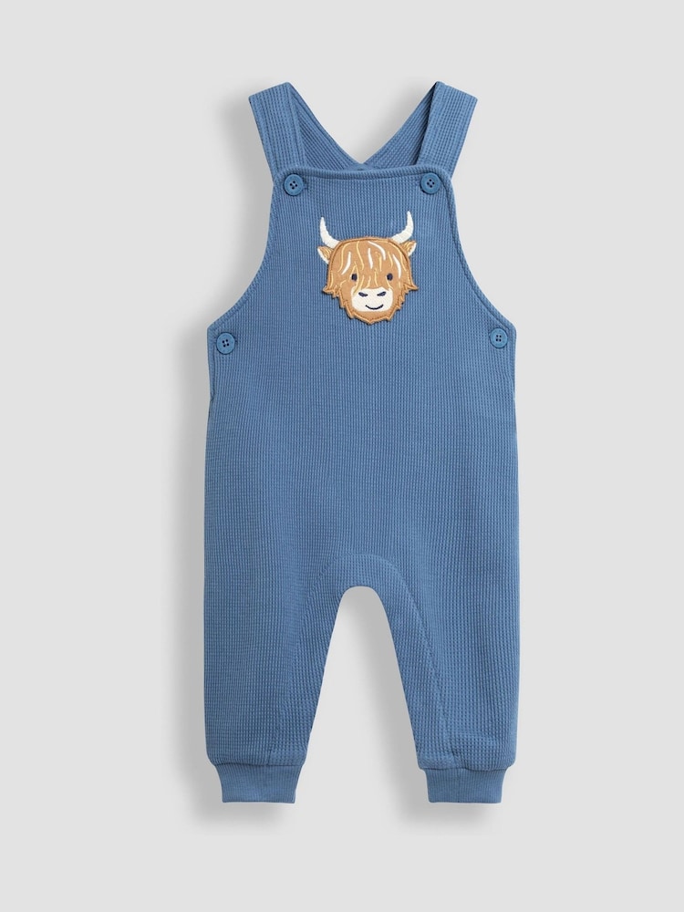 JoJo Maman Bébé Blue Highland Cow Appliqué Dungarees & Print Top Set - Image 2 of 6