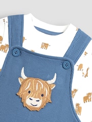 JoJo Maman Bébé Blue Highland Cow Appliqué Dungarees & Print Top Set - Image 6 of 6