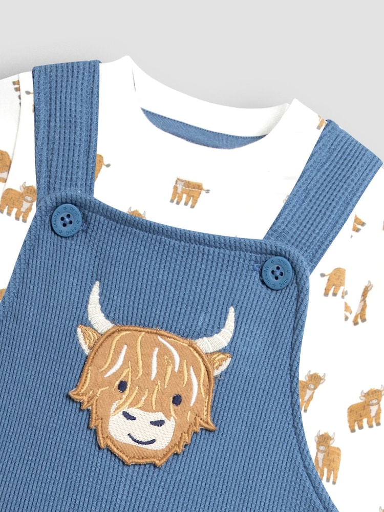 JoJo Maman Bébé Blue Highland Cow Appliqué Dungarees & Print Top Set - Image 6 of 6