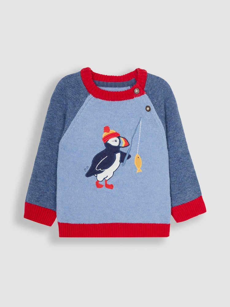 JoJo Maman Bébé Blue Puffin Button Detail Jumper - Image 1 of 3