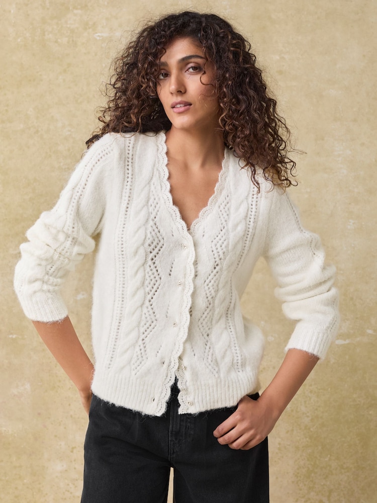 White Ecru Gem Button Textured Lace Knitted Cardigan with Wool - Image 3 of 9