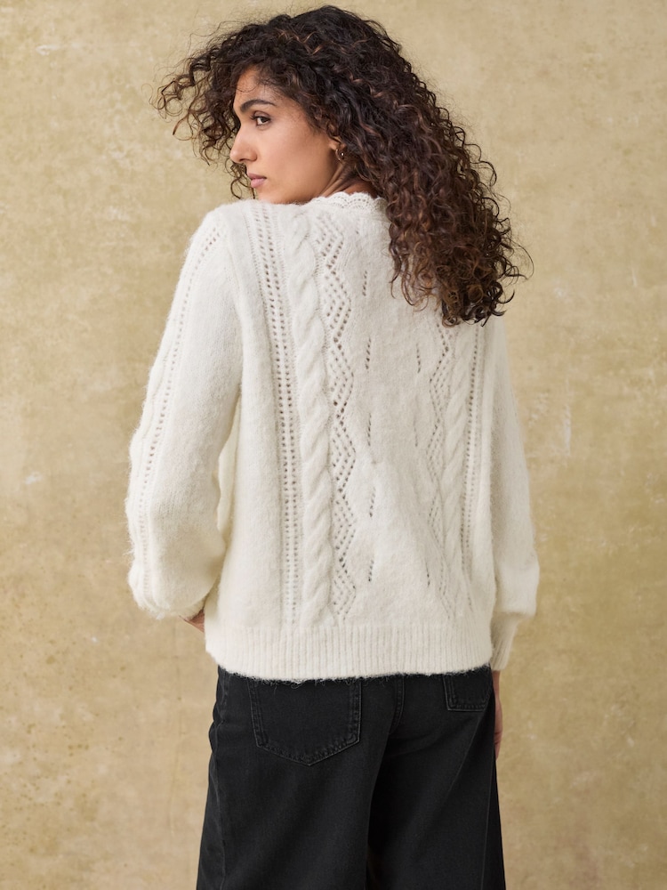 White Ecru Gem Button Textured Lace Knitted Cardigan with Wool - Image 4 of 9