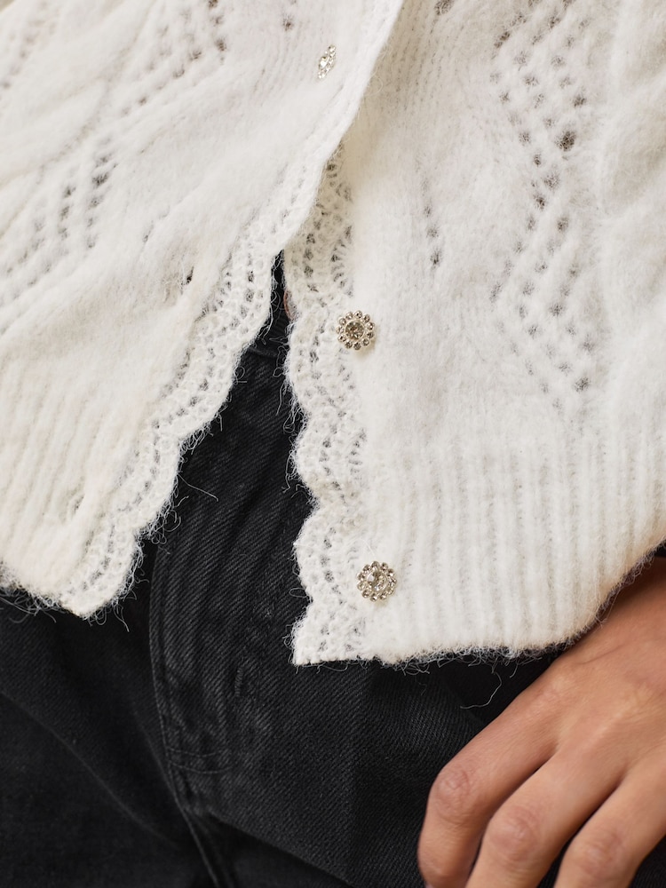 White Ecru Gem Button Textured Lace Knitted Cardigan with Wool - Image 5 of 9