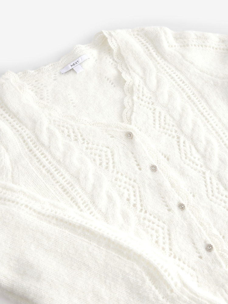 White Ecru Gem Button Textured Lace Knitted Cardigan with Wool - Image 8 of 9