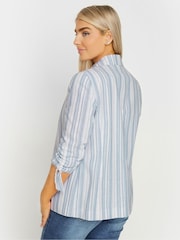 M&Co Blue White & Striped Linen Ruched Sleeve Blazer - Image 3 of 4