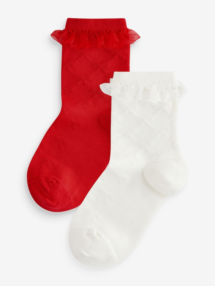 Red/Cream Cotton Rich Bow Texture Ankle Socks 2 Pack with Organza Frill - Image 1 of 5