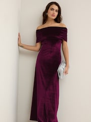 Burgandy Red Bardot Velvet Maxi Dress - Image 1 of 6