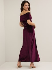Burgandy Red Bardot Velvet Maxi Dress - Image 2 of 6