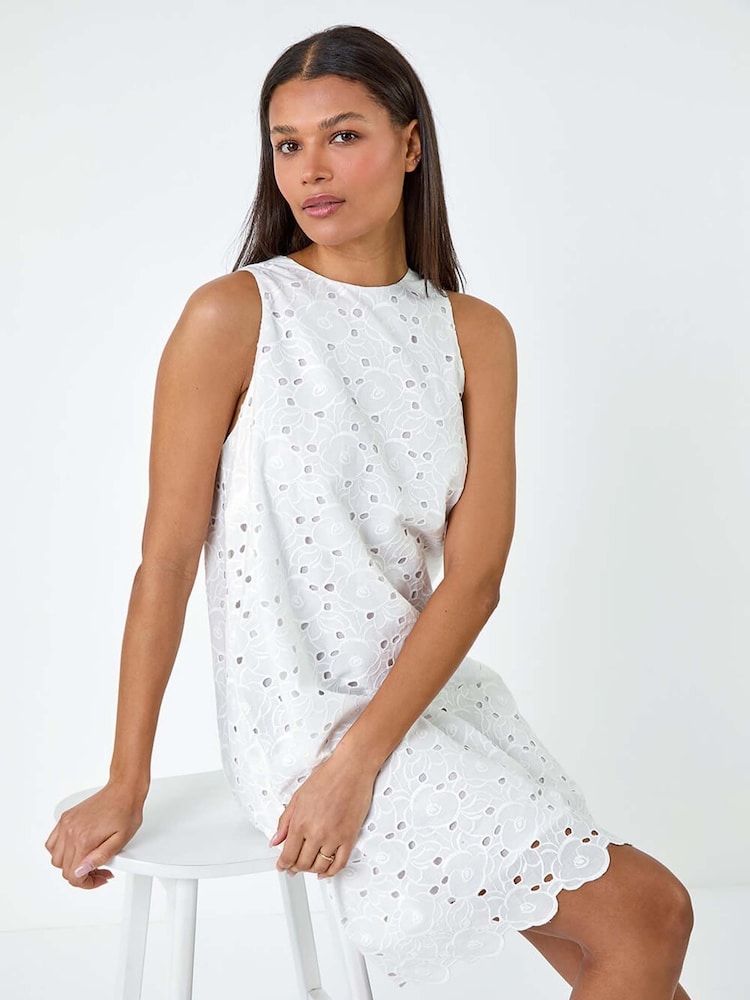 Roman White 100% Cotton Embroidery Detail Shift Dress - Image 1 of 5