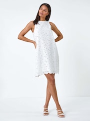 Roman White 100% Cotton Embroidery Detail Shift Dress - Image 2 of 5