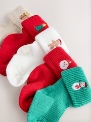 Red/Green Embroidererd Christmas Roll Top Baby Socks 5 Pack - Image 1 of 3
