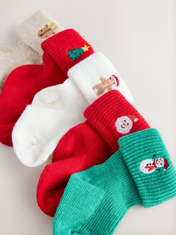 Red/Green Embroidererd Christmas Roll Top Baby Socks 5 Pack - Image 1 of 3 Red/Green Embroidererd Christmas Roll Top Baby Socks 5 Pack - Image 1 of 3