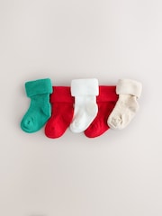 Red/Green Embroidererd Christmas Roll Top Baby Socks 5 Pack - Image 2 of 3