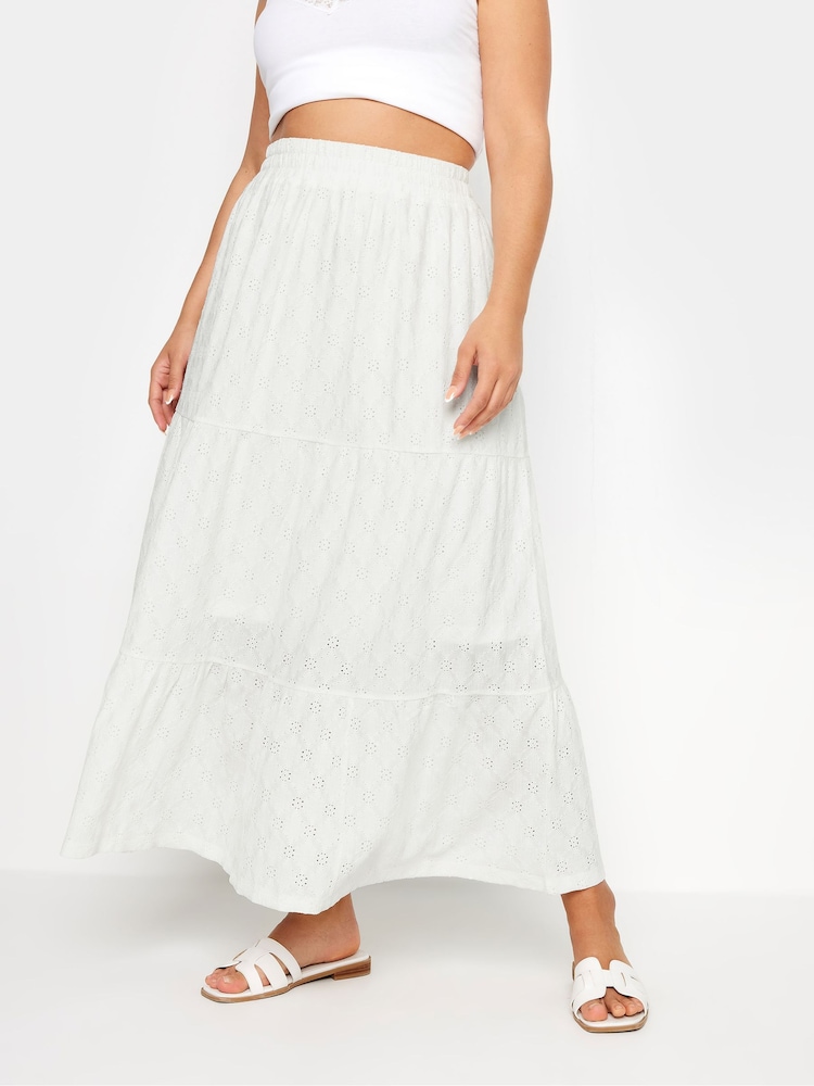 Yours Curve White Anglaise Jersey Tiered Skirt - Image 1 of 6
