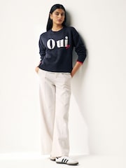 Navy Blue Oui Slogan Round Neck Jumper - Image 1 of 6
