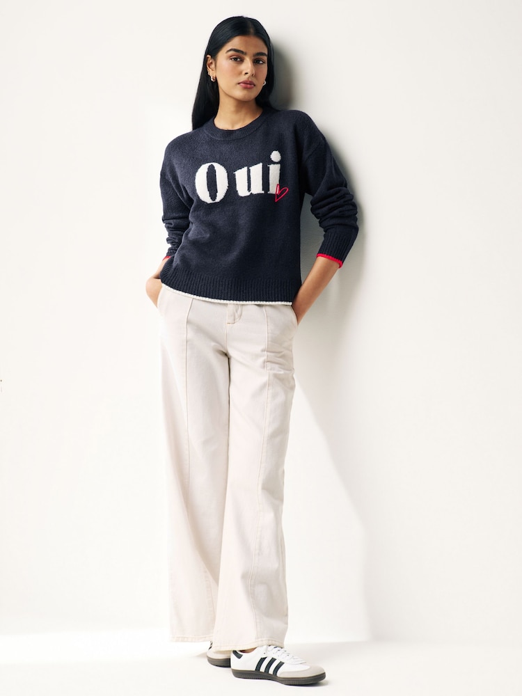 Navy Blue Oui Slogan Round Neck Jumper - Image 1 of 6