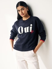 Navy Blue Oui Slogan Round Neck Jumper - Image 2 of 6