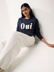 Navy Blue Oui Slogan Round Neck Jumper - Image 4 of 6
