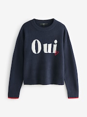Navy Blue Oui Slogan Round Neck Jumper - Image 5 of 6