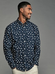 Navy Blue Snow Long Sleeve Christmas Print 100% Cotton Oxford Shirt - Image 1 of 8