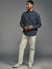 Navy Blue Snow Long Sleeve Christmas Print 100% Cotton Oxford Shirt - Image 2 of 8