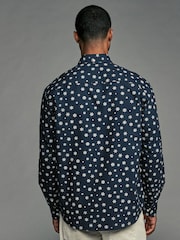 Navy Blue Snow Long Sleeve Christmas Print 100% Cotton Oxford Shirt - Image 3 of 8