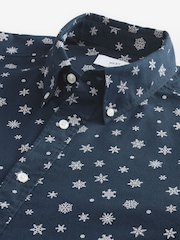 Navy Blue Snow Long Sleeve Christmas Print 100% Cotton Oxford Shirt - Image 4 of 8