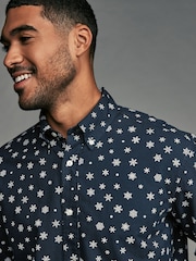Navy Blue Snow Long Sleeve Christmas Print 100% Cotton Oxford Shirt - Image 5 of 8