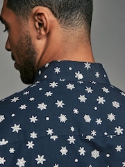 Navy Blue Snow Long Sleeve Christmas Print 100% Cotton Oxford Shirt - Image 6 of 8