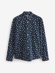 Navy Blue Snow Long Sleeve Christmas Print 100% Cotton Oxford Shirt - Image 7 of 8