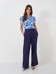 Crew Clothing Blue Linen Blend Wide Leg Trousers - Image 1 of 4