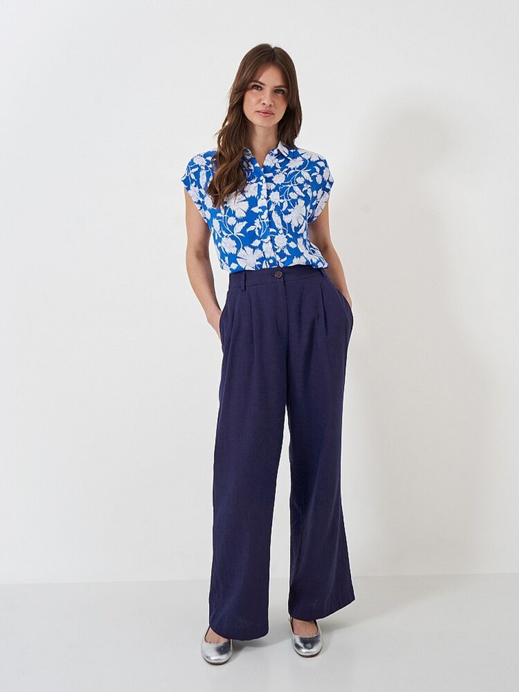 Crew Clothing Blue Linen Blend Wide Leg Trousers - Image 1 of 4