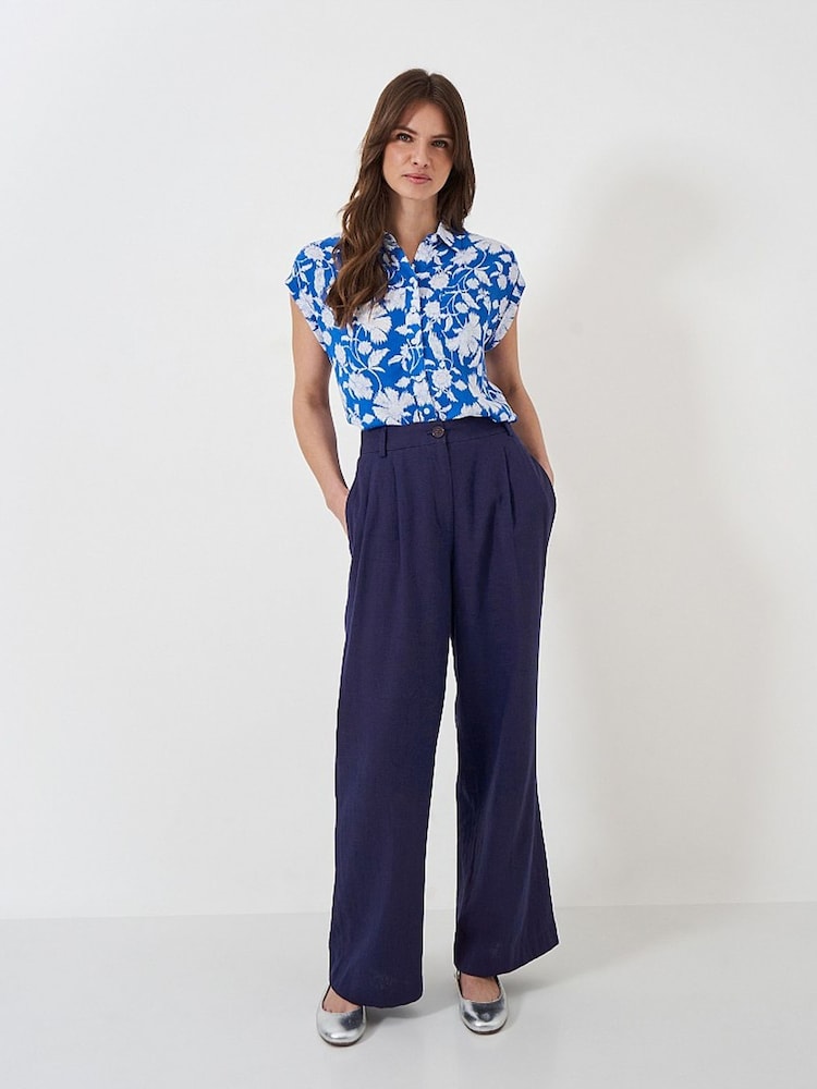 Crew Clothing Blue Linen Blend Wide Leg Trousers - Image 1 of 4 Crew Clothing Blue Linen Blend Wide Leg Trousers - Image 1 of 4