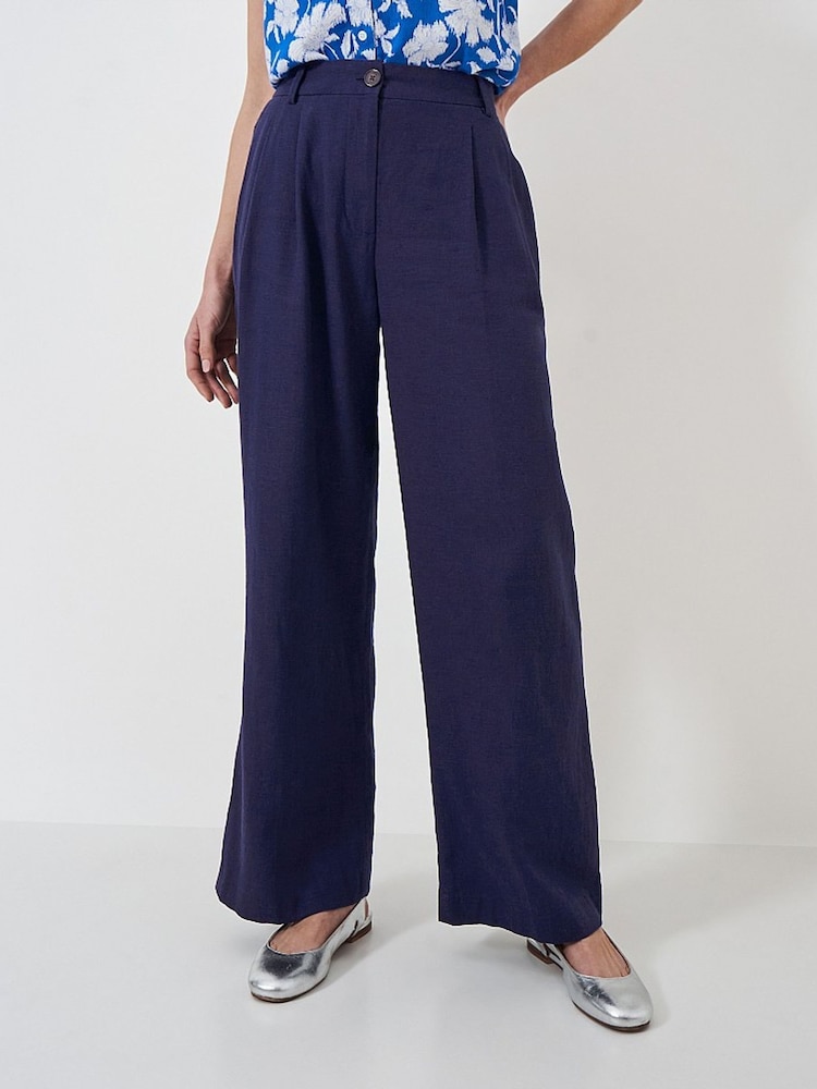 Crew Clothing Blue Linen Blend Wide Leg Trousers - Image 2 of 4