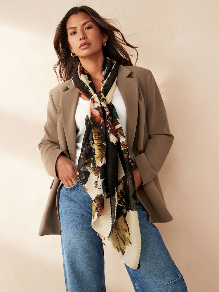 Ecru Floral Print Plisse Lightweight Scarf - Image 1 of 6