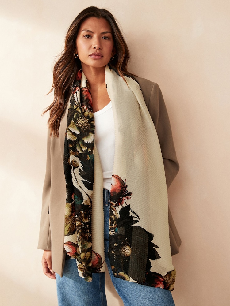 Ecru Floral Print Plisse Lightweight Scarf - Image 2 of 6