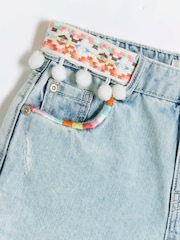 River Island Blue Girls Denim Pom Pom 100% Cotton Shorts - Image 4 of 4