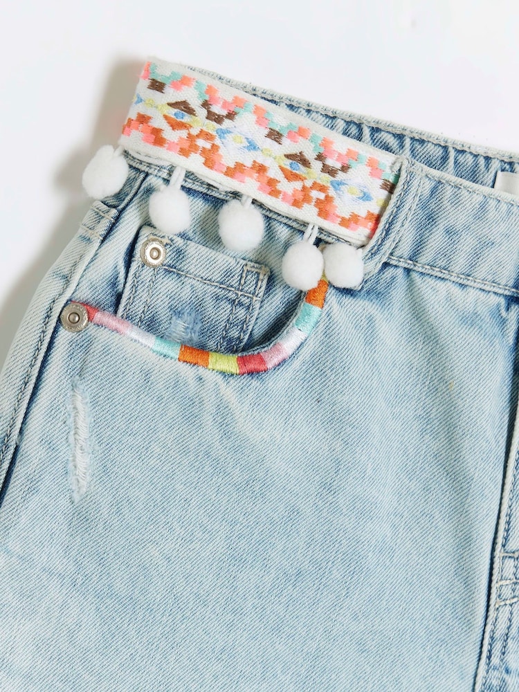 River Island Blue Girls Denim Pom Pom 100% Cotton Shorts - Image 4 of 4